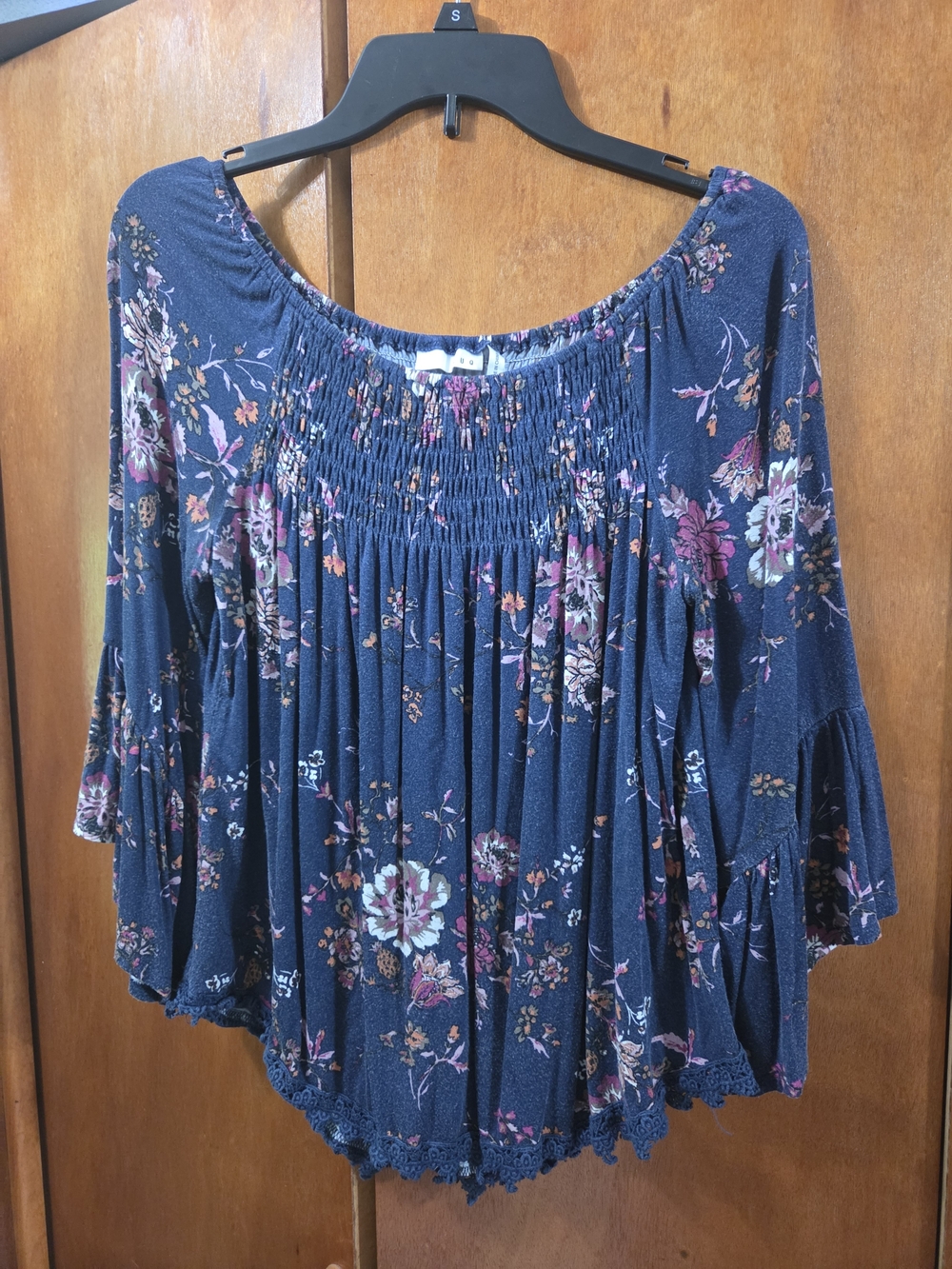 Womens Navy Floral Smocked Peasant Blouse